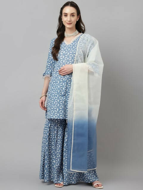 FIORRA Women's Sky Blue Pure Cotton A-Line Kurta & Sharara With Dupatta - Distacart