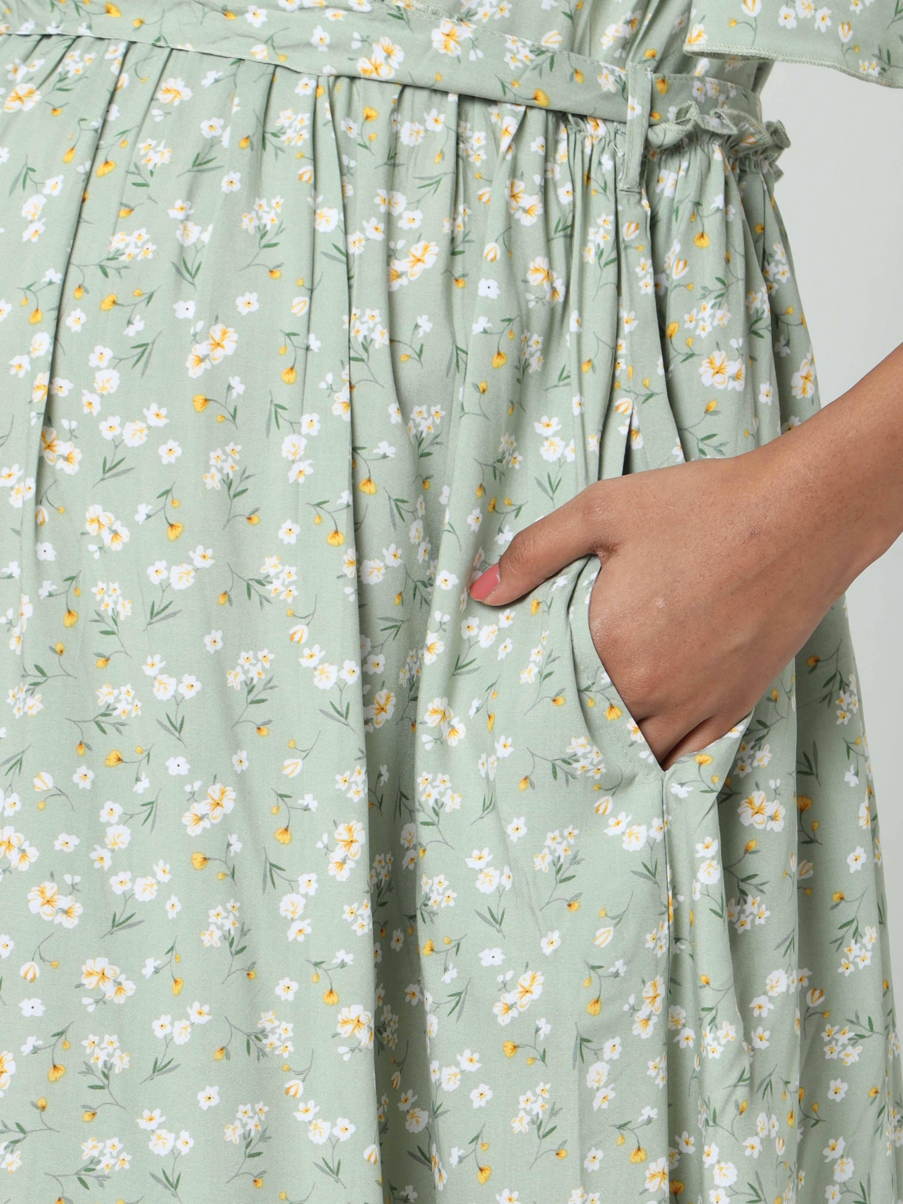 Manet Frill Slevees Maternity Dress Floral Print With Concealed Zipper Nursing Access - Green - Distacart