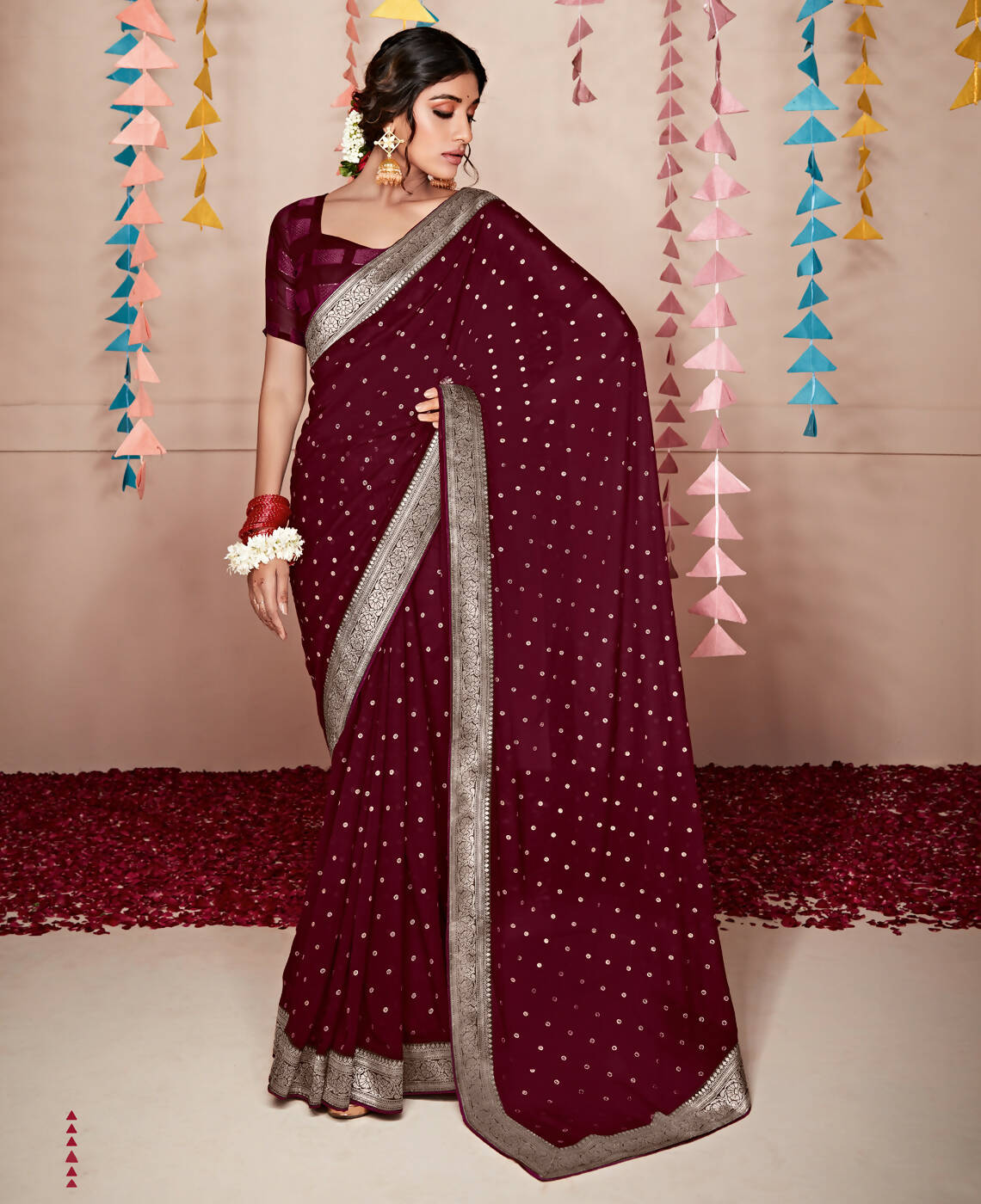 Wine Georgette Foil Printed Saree With Unstitched Blouse Piece - Nitya - Distacart