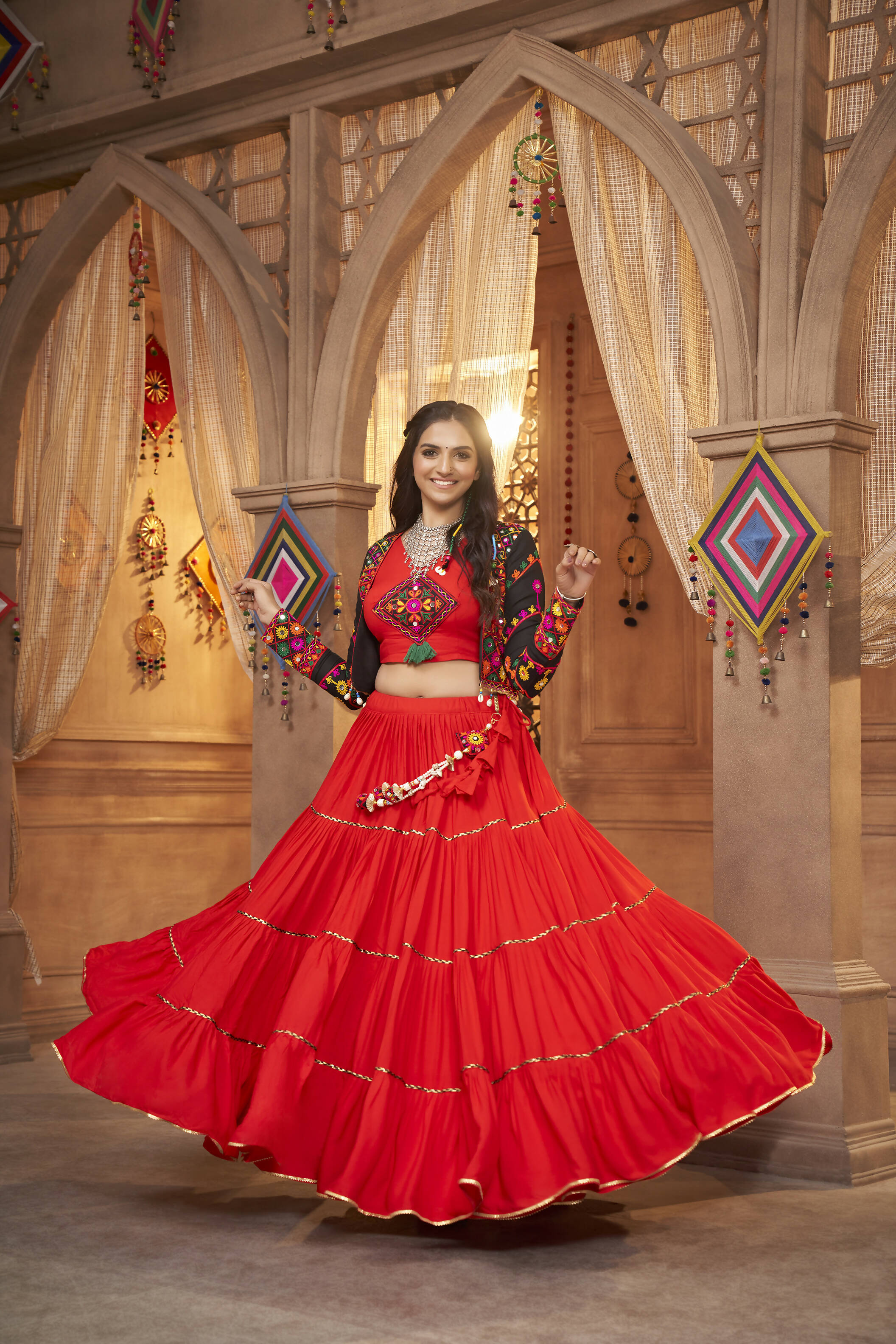 Red Viscose Rayon Navratri Lehenga Choli With Dupatta - Raas - Distacart