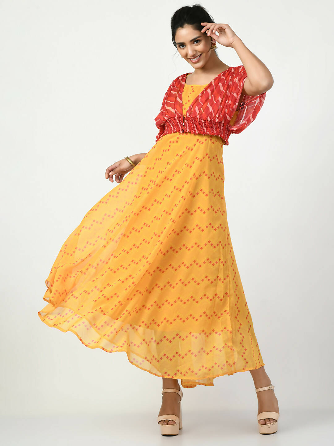 Myshka Women's Yellow Empire Printed Dress - Distacart