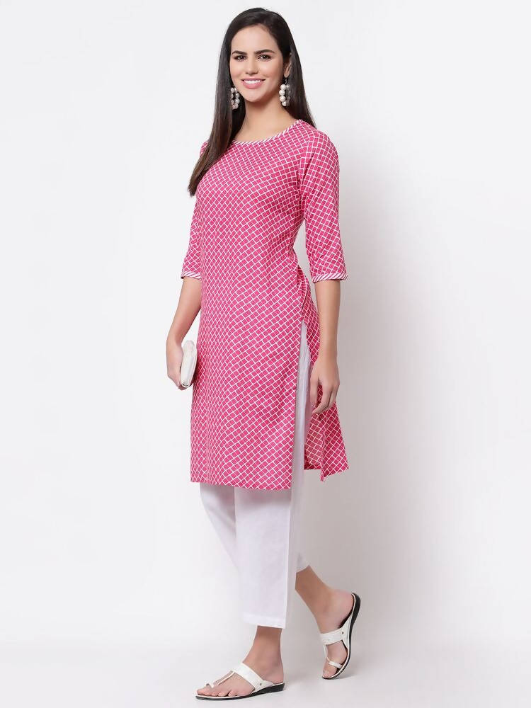 Myshka Women's Pink Cotton 3/4 Sleeve Round Neck Printed Casual Kurta