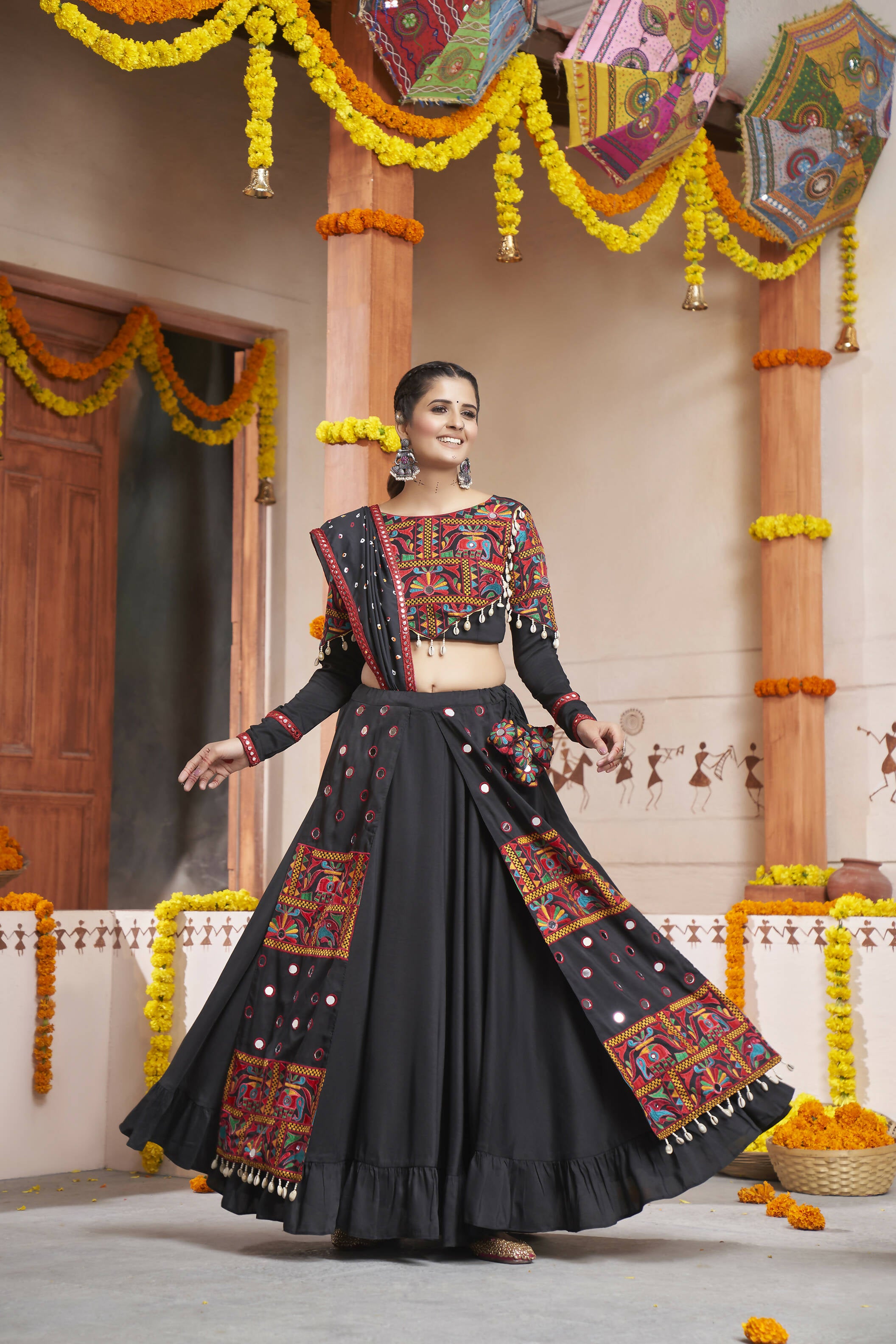 Black Viscose Rayon Thread Embroidery with mirror work Navratri Lehenga Choli with Dupatta - Raas - Distacart