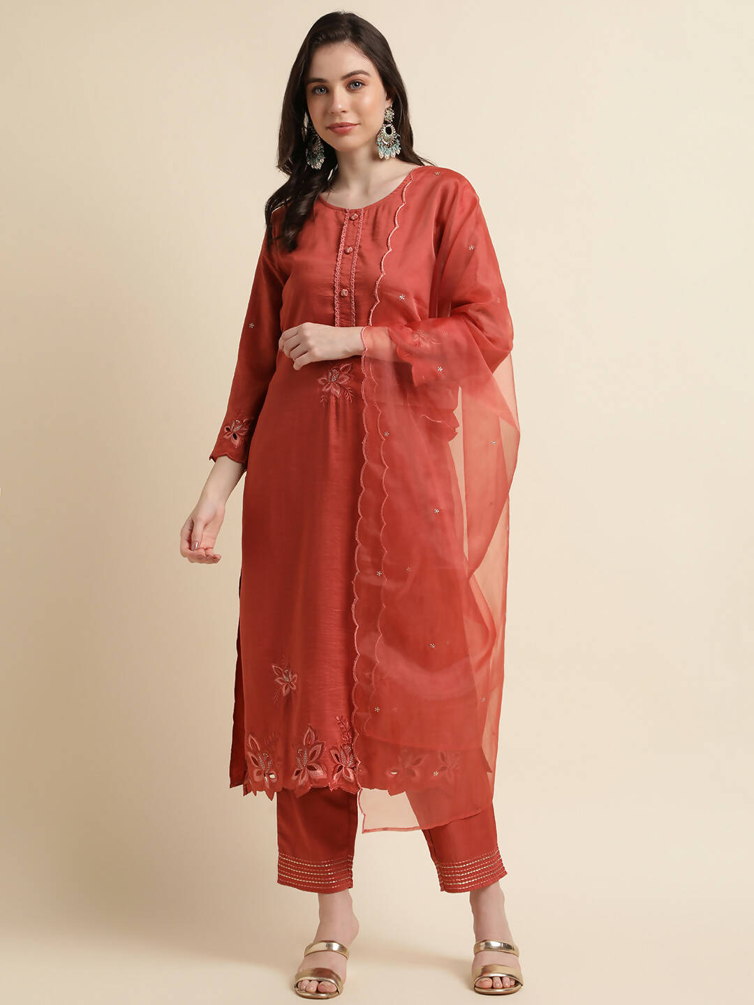 Orange Chinon Silk Embroidered Straight Kurta with Trouser & Dupatta - Salimar - Distacart