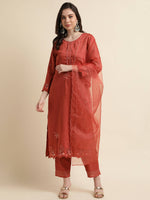 Thumbnail for Orange Chinon Silk Embroidered Straight Kurta with Trouser & Dupatta - Salimar - Distacart