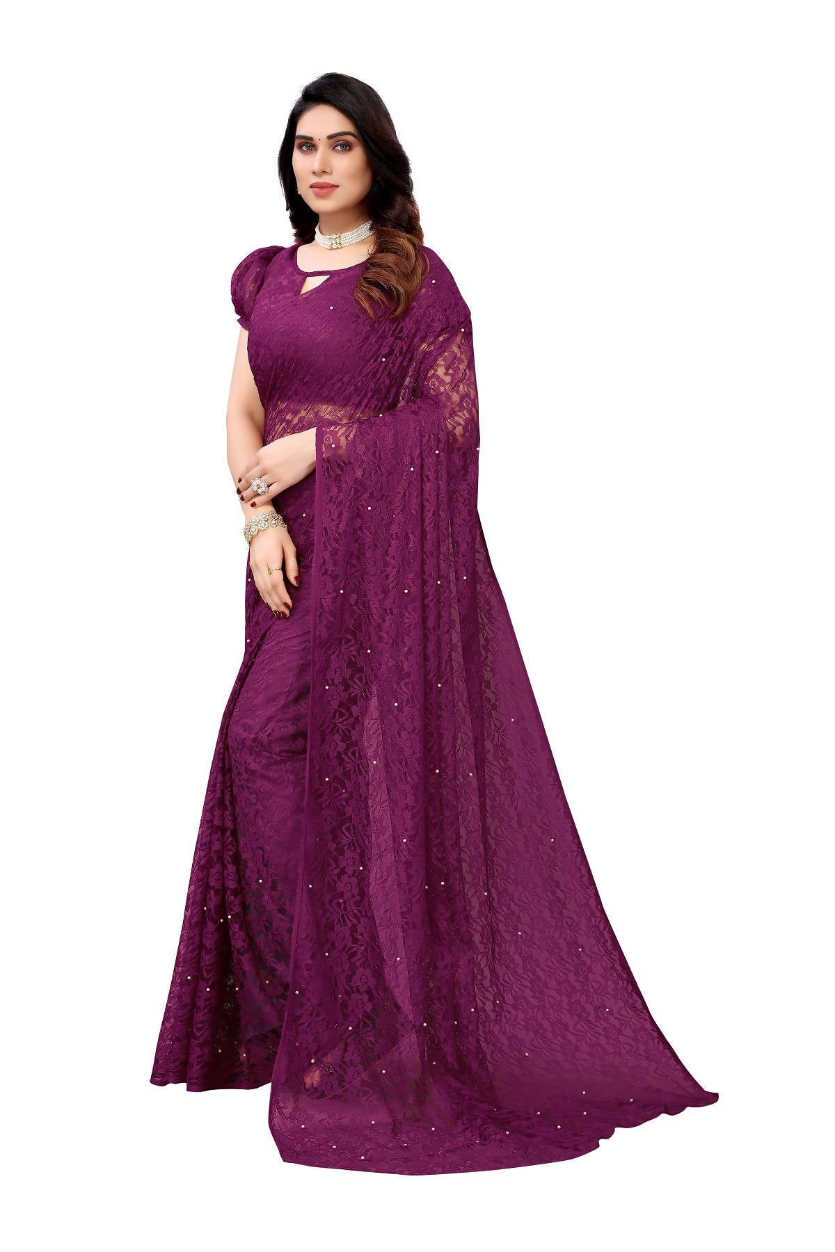 Vamika Ethnic Fire Purple Pearls Net Saree - Distacart