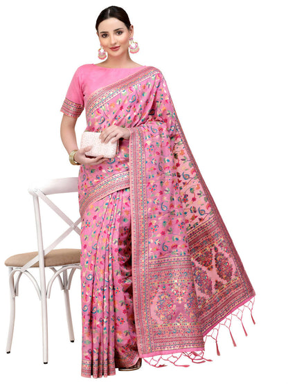 Pink Silk Blend Woven Design Saree With Unstitched Blouse Piece - Aloki - Distacart