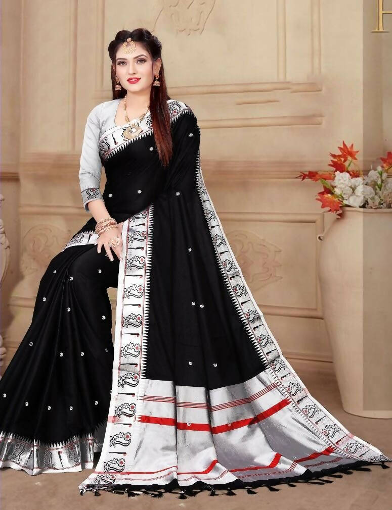 DEIANA'S Beautiful Golden Jari with New Design Soft Lichi Silk Saree - Black - Distacart