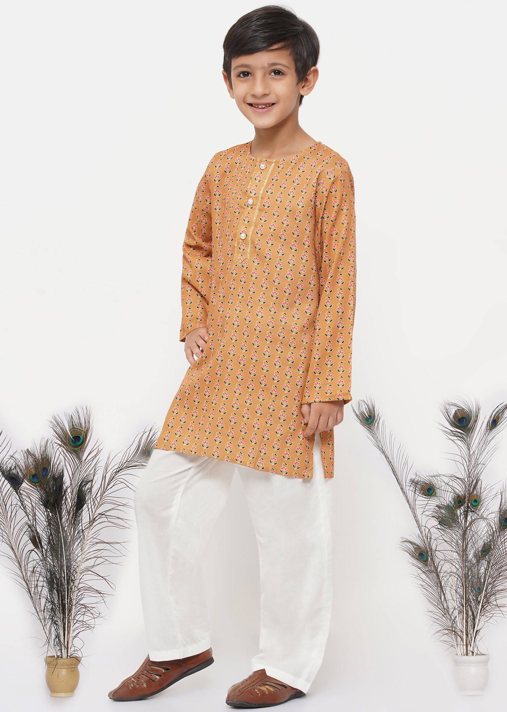 Little Bansi Cotton Silk Floral Kurta with Pearl Buttons & Pyjama - Orange & Cream - Distacart
