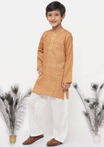 Thumbnail for Little Bansi Cotton Silk Floral Kurta with Pearl Buttons & Pyjama - Orange & Cream - Distacart