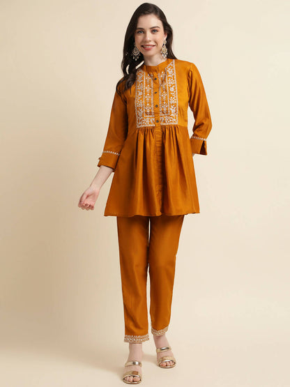 Mustard Chinon Floral Embroidered Top with Bottom - Maanushi - Distacart