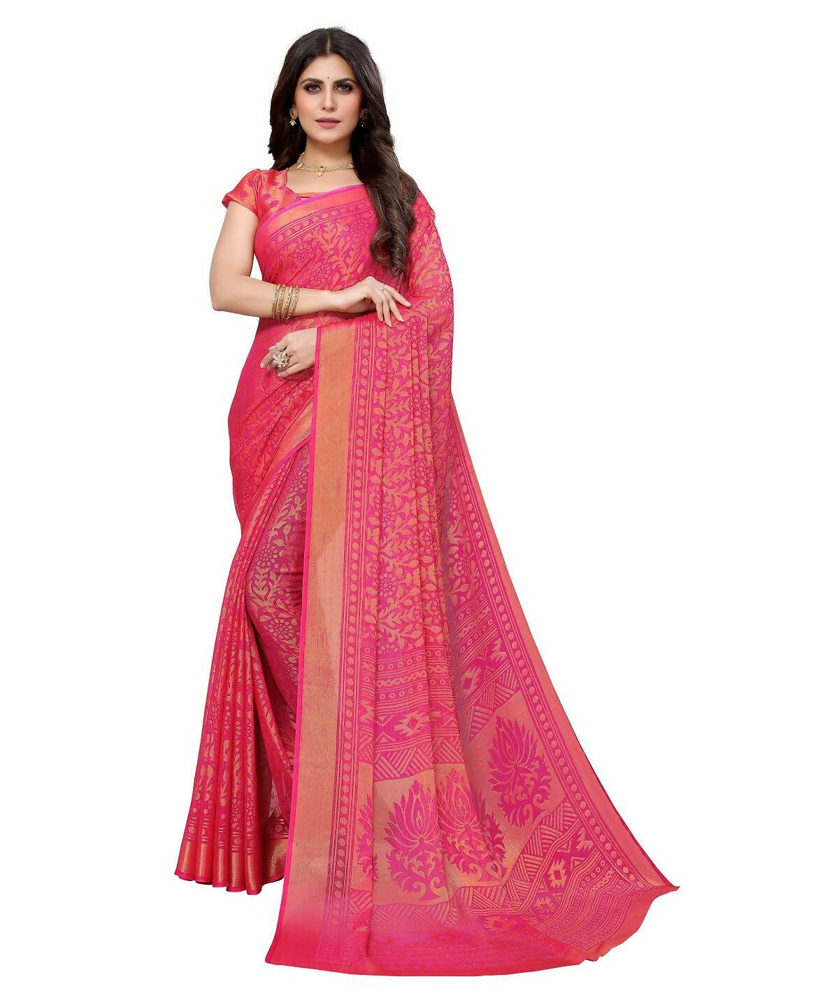 Vamika Pink Chiffon Brasso Bollywood Style Woven Saree (AARADHYA PINK) - Distacart