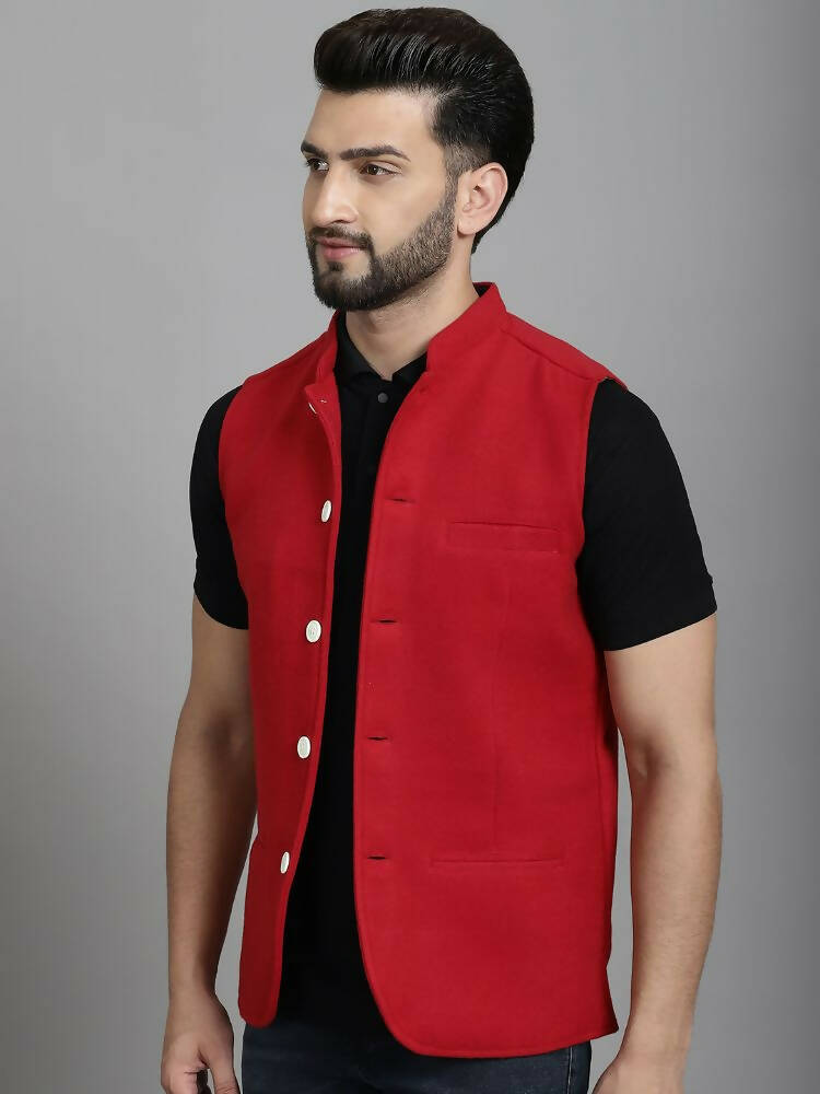 Even Apparels Nehru Jacket With Welt Pockets - Red - Distacart