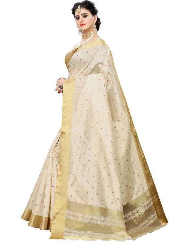 Vamika Weaving Cream Cotton Polyester Silk Saree (Kerala Tikki)