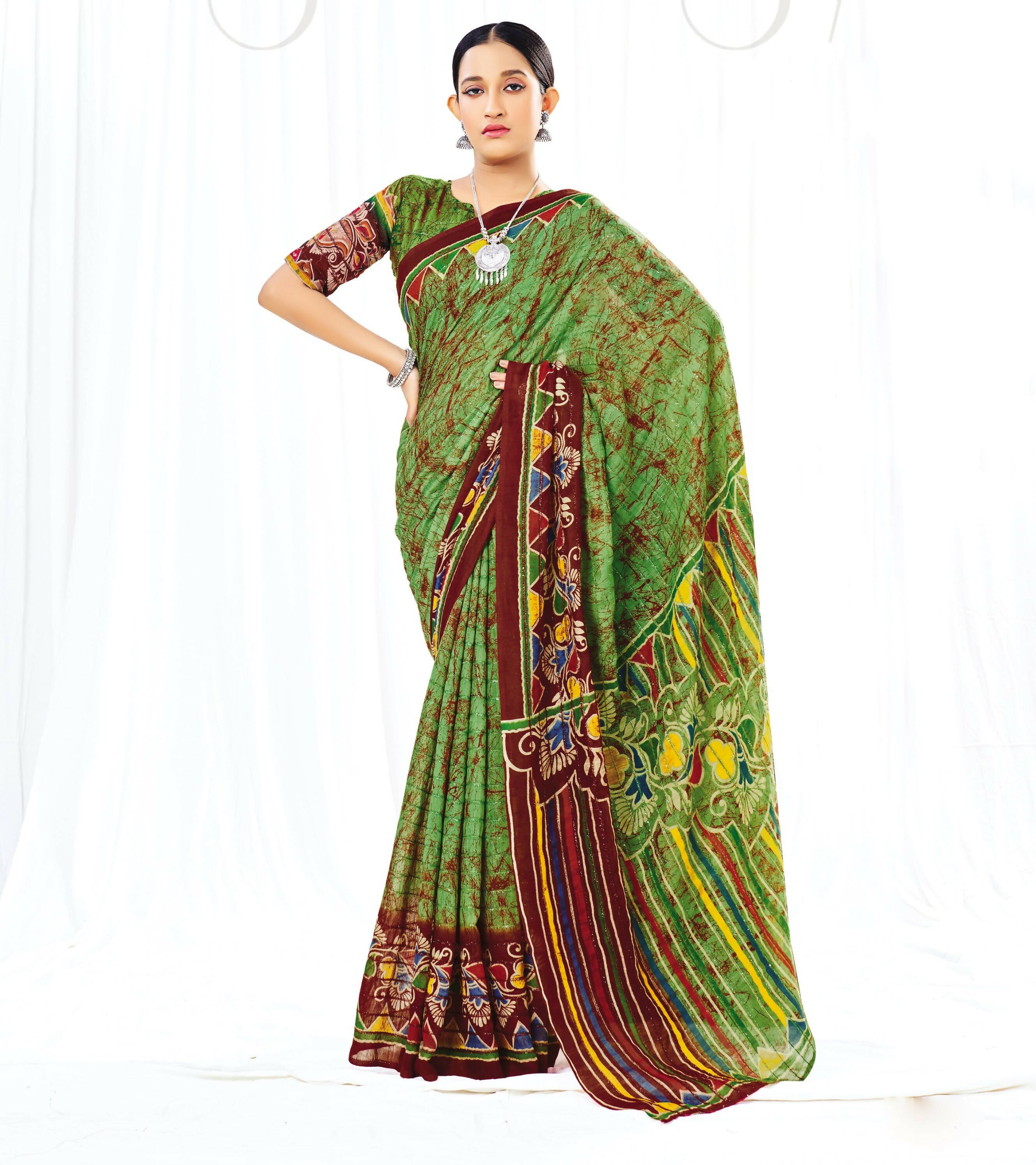 Dark Green Chanderi Cotton Floral Printed Saree With Unstitched Blouse Piece - Kathika - Distacart