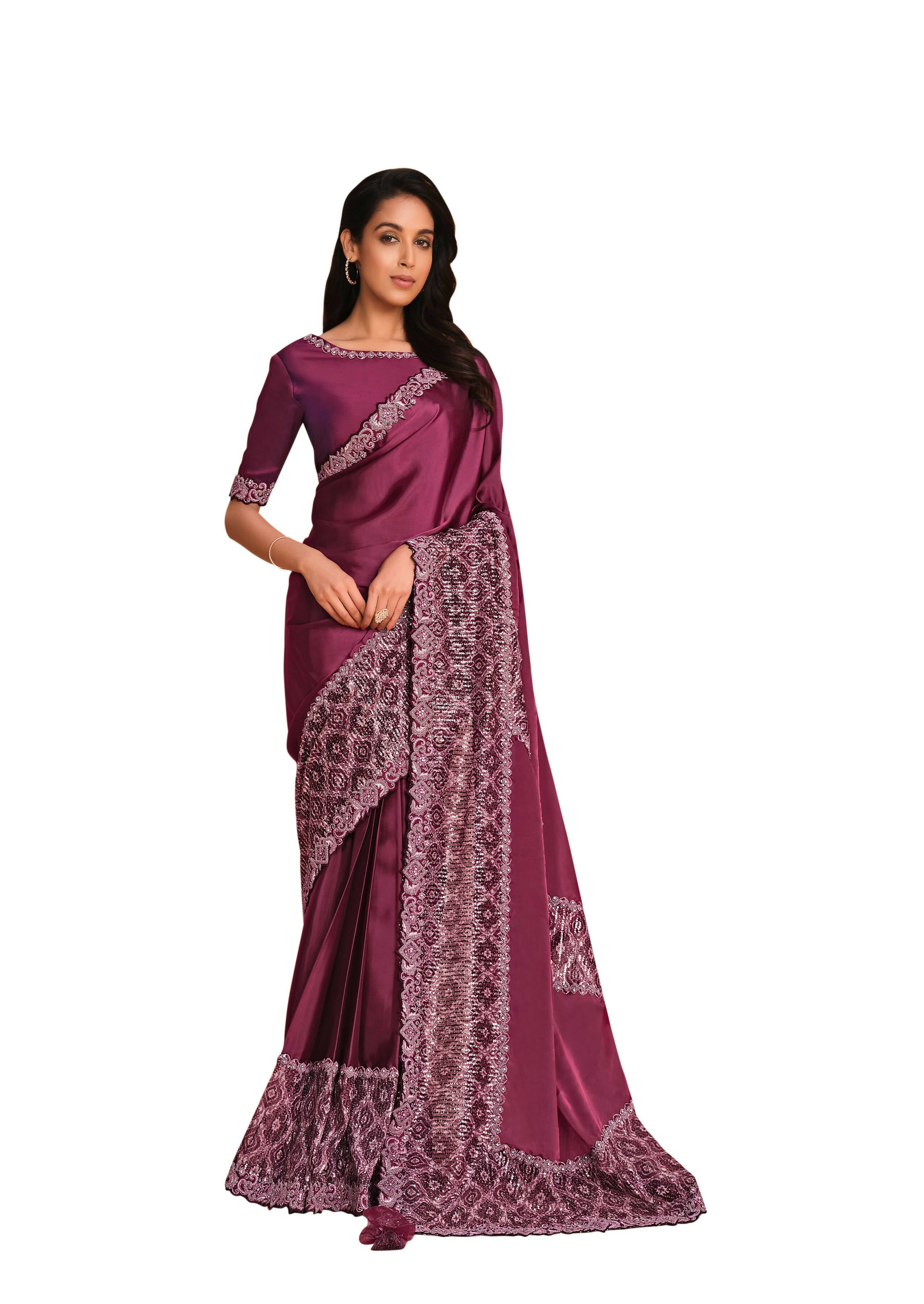 Maroon Satin Crepe Silk Sequence Embroidered Saree With Unstitched Blouse - Mohmanthan Yavanika - Distacart