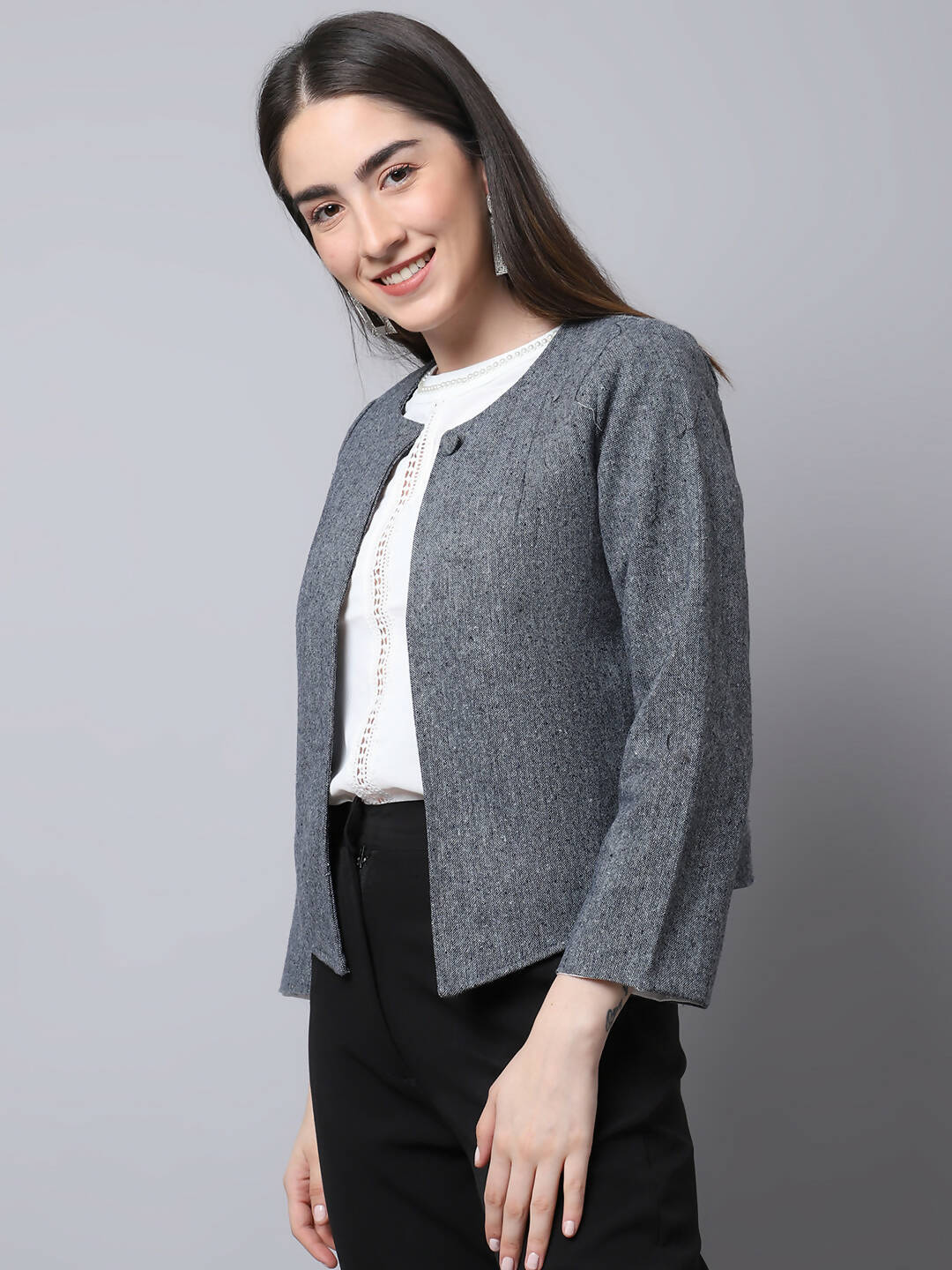 Even Apparels Grey Pure Wool Open Front Statement Jacket - Distacart