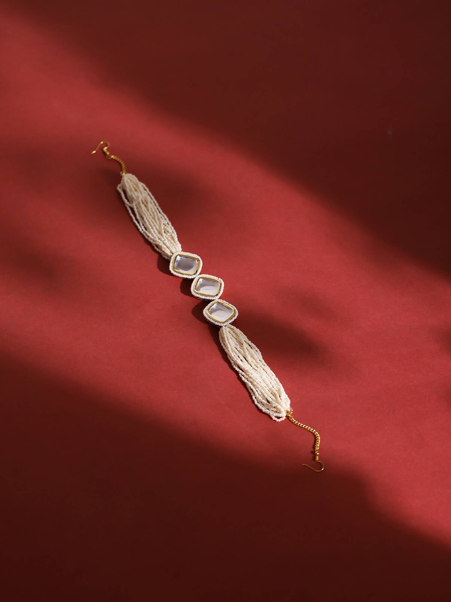 Gold-Plated White Kundan-Studded Pearl Beaded Hair Band - Ruby Raang - Distacart