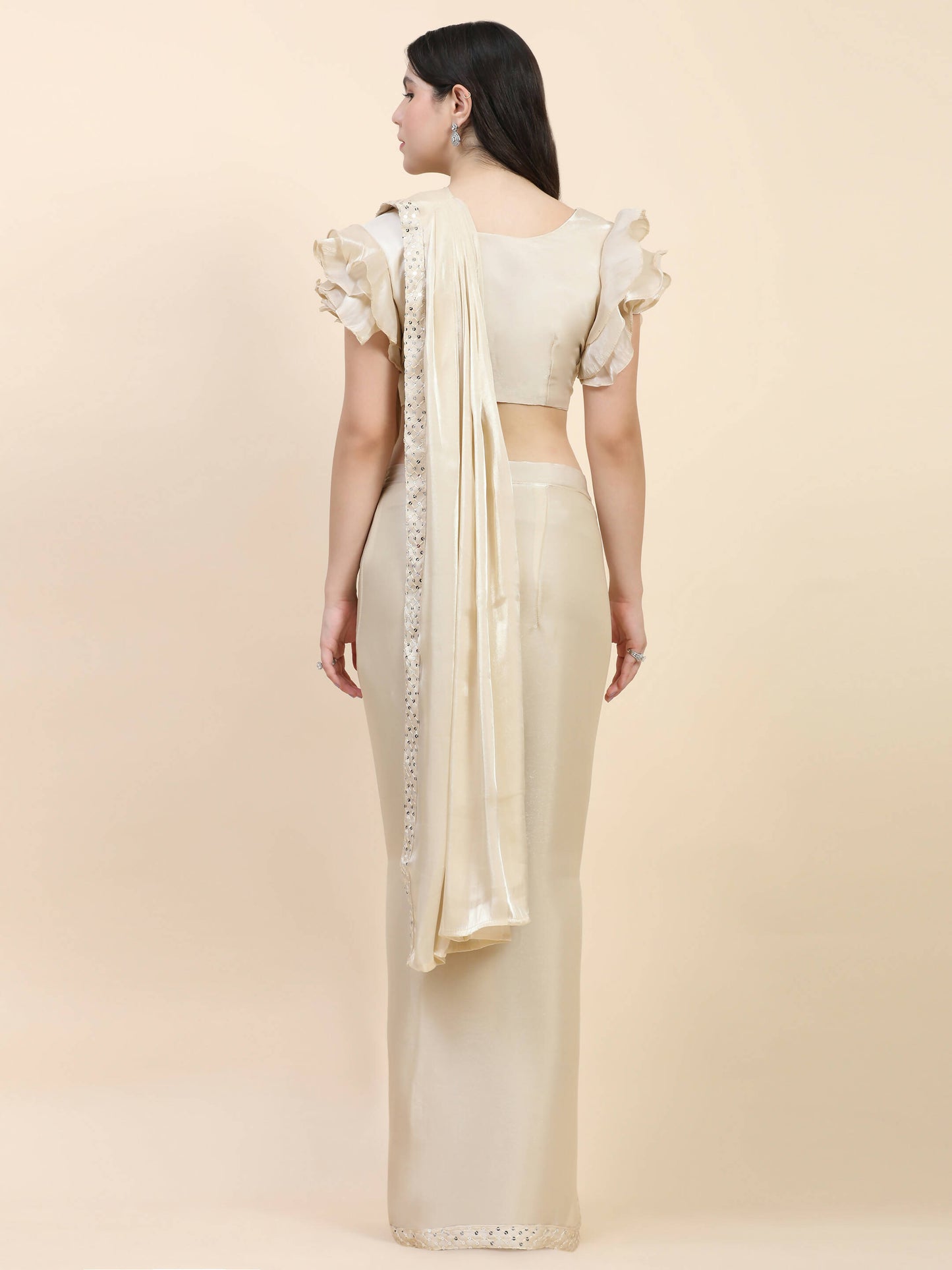 Beige Silk Satin Sequence Work Ready to Wear Saree with stitched Blouse - Nirvana - Distacart