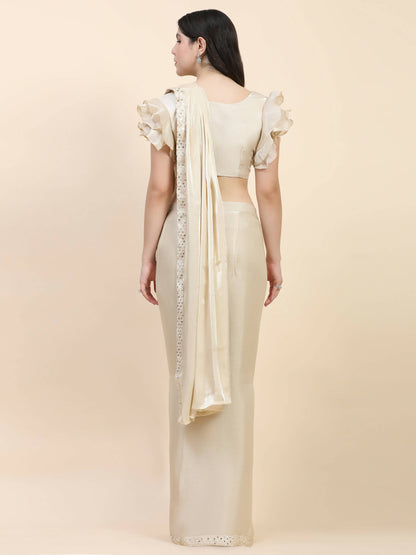 Beige Silk Satin Sequence Work Ready to Wear Saree with stitched Blouse - Nirvana - Distacart