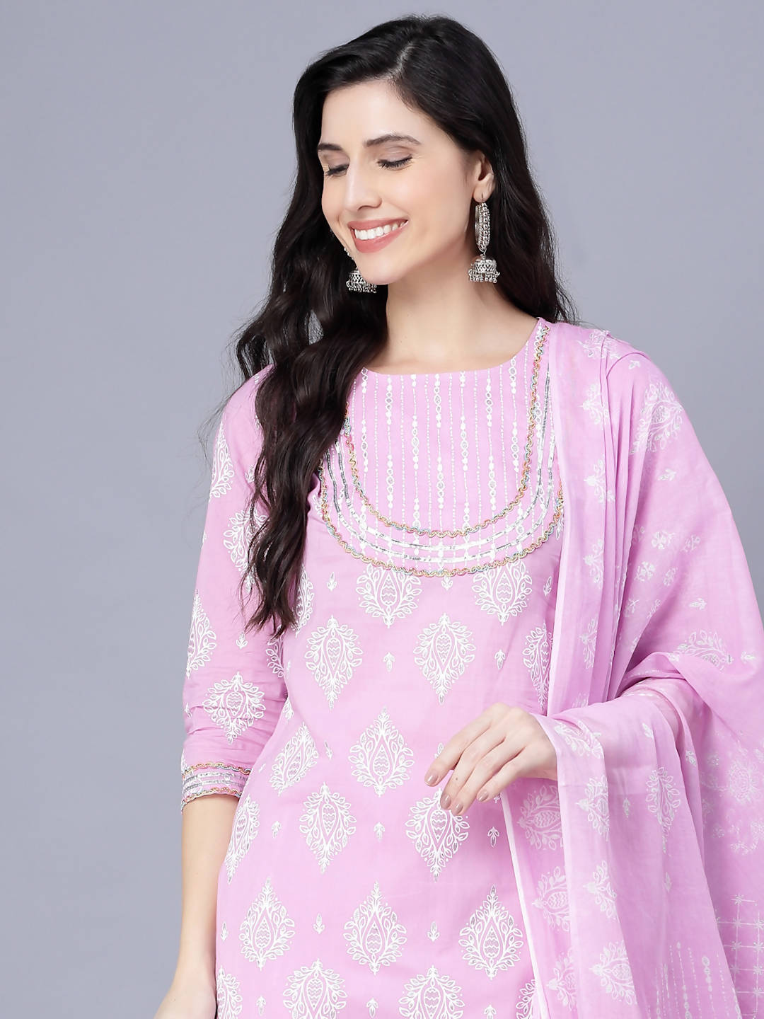 Myshka Cotton Printed 3/4 Sleeve Round Pink Women Kurta set - Distacart