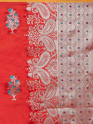 Varkala Silk Sarees Women's Red Banarasi Silk Saree With Unstitched Blouse Piece