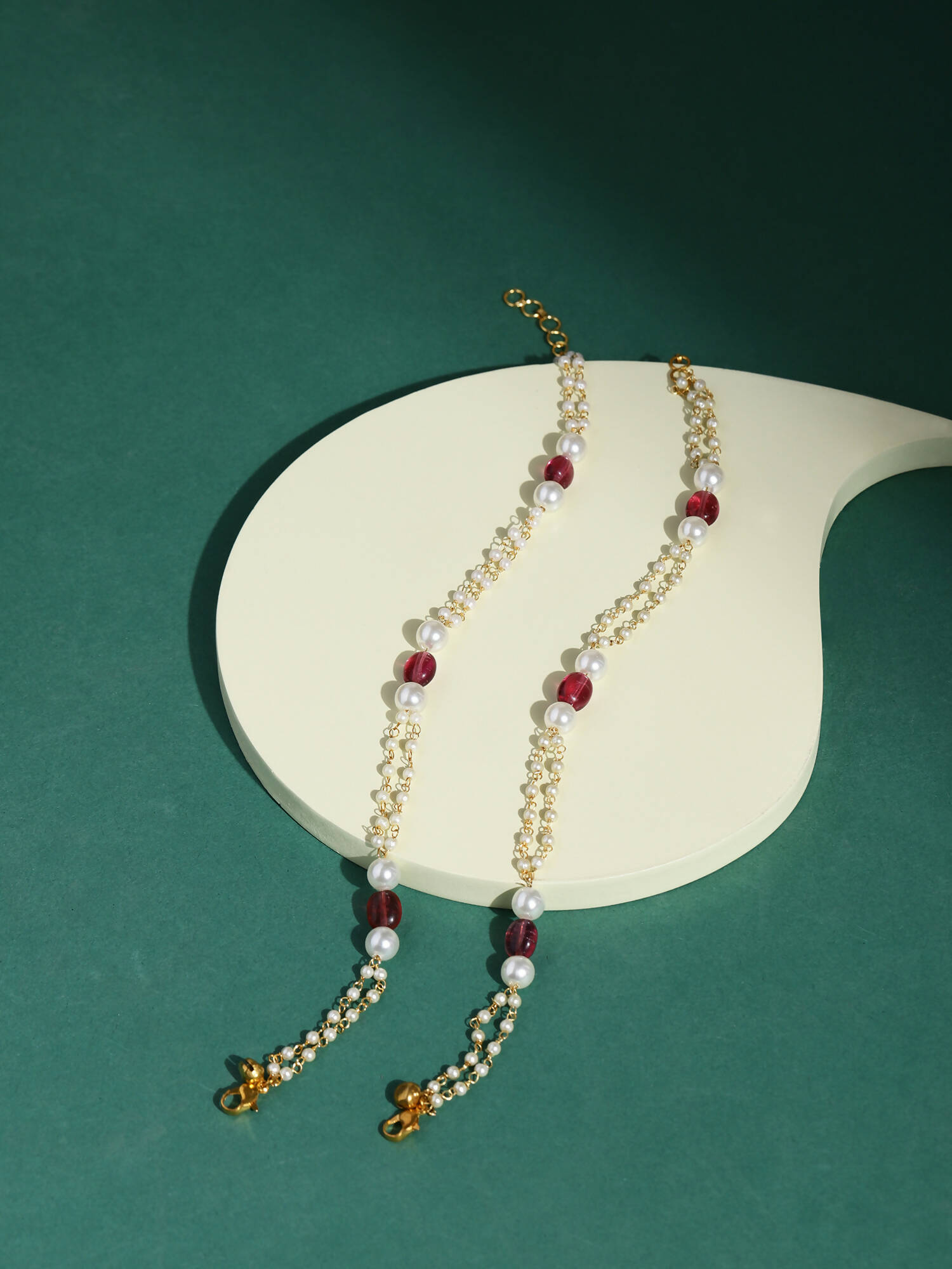 Gold-Plated Pink White Pearl Beaded Anklets Set Of 2 - Ruby Raang - Distacart