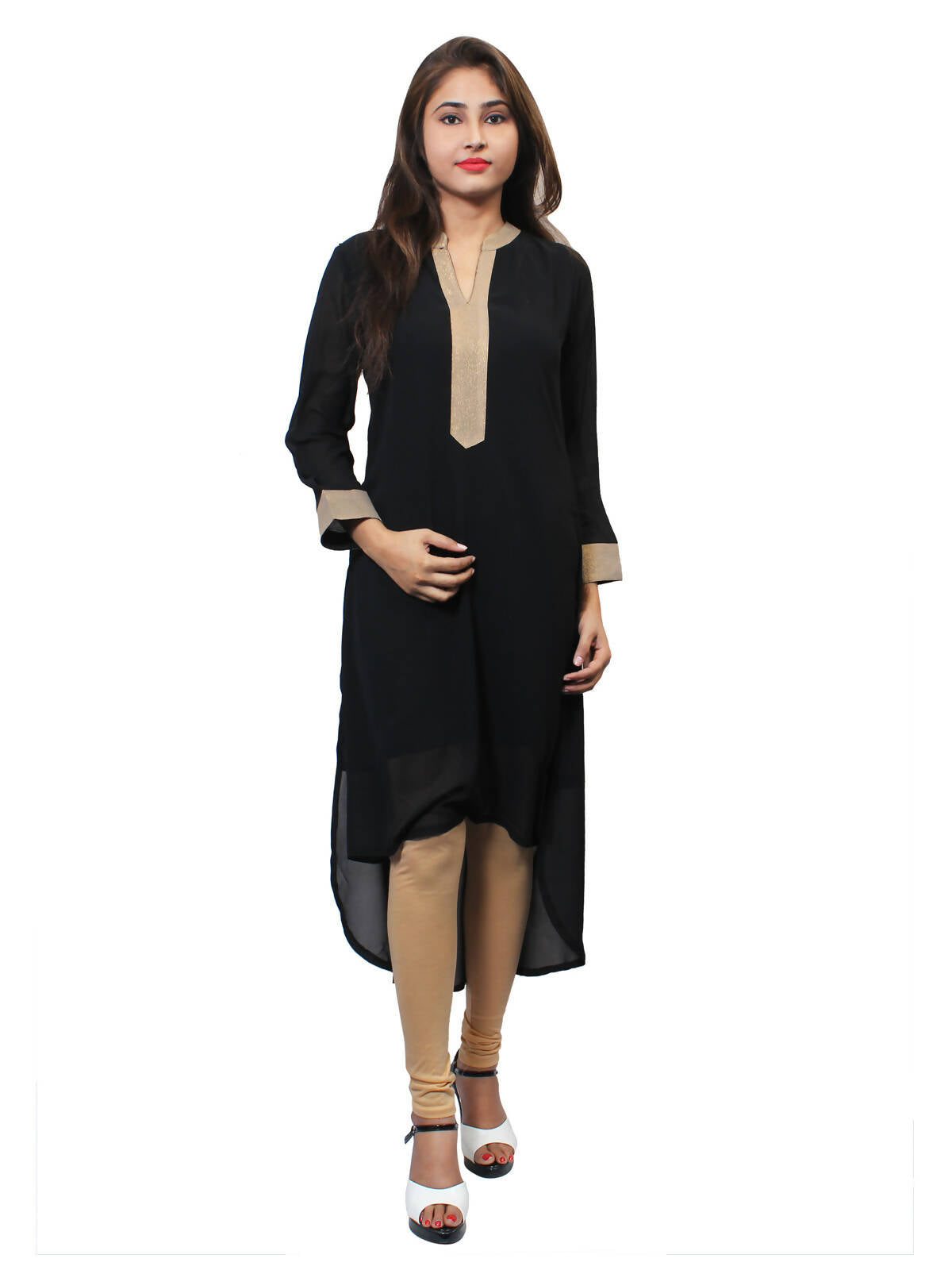 Women's Black Kurti With Zari Placket, Up Down Look - G & A Apparels - Distacart