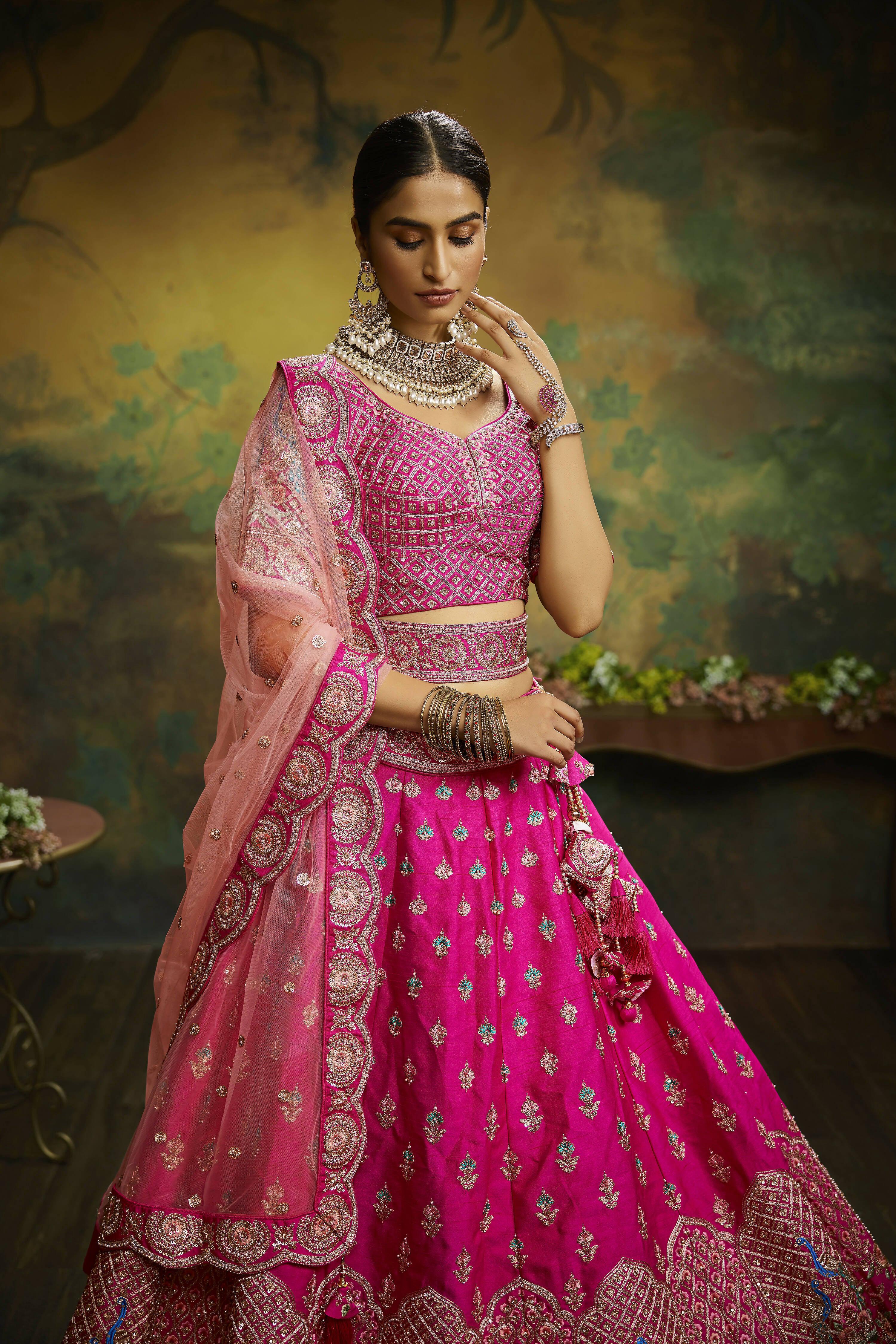 House of Panchhi Pink Pure Silk Moti & Zarkan heavy embroidery Lehenga choli & Dupatta - Distacart