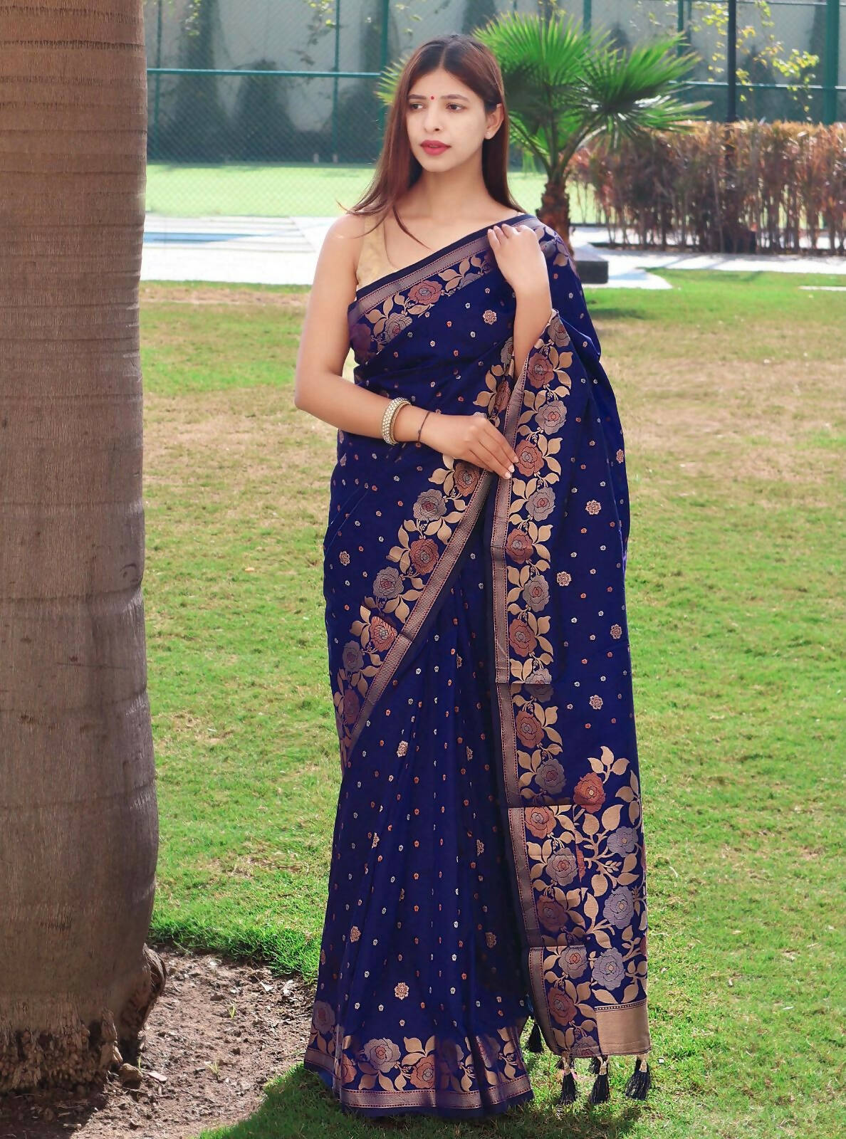 DEIANA'S Beautiful Golden Jari with New Design Soft Lichi Silk Saree - Navy Blue - Distacart