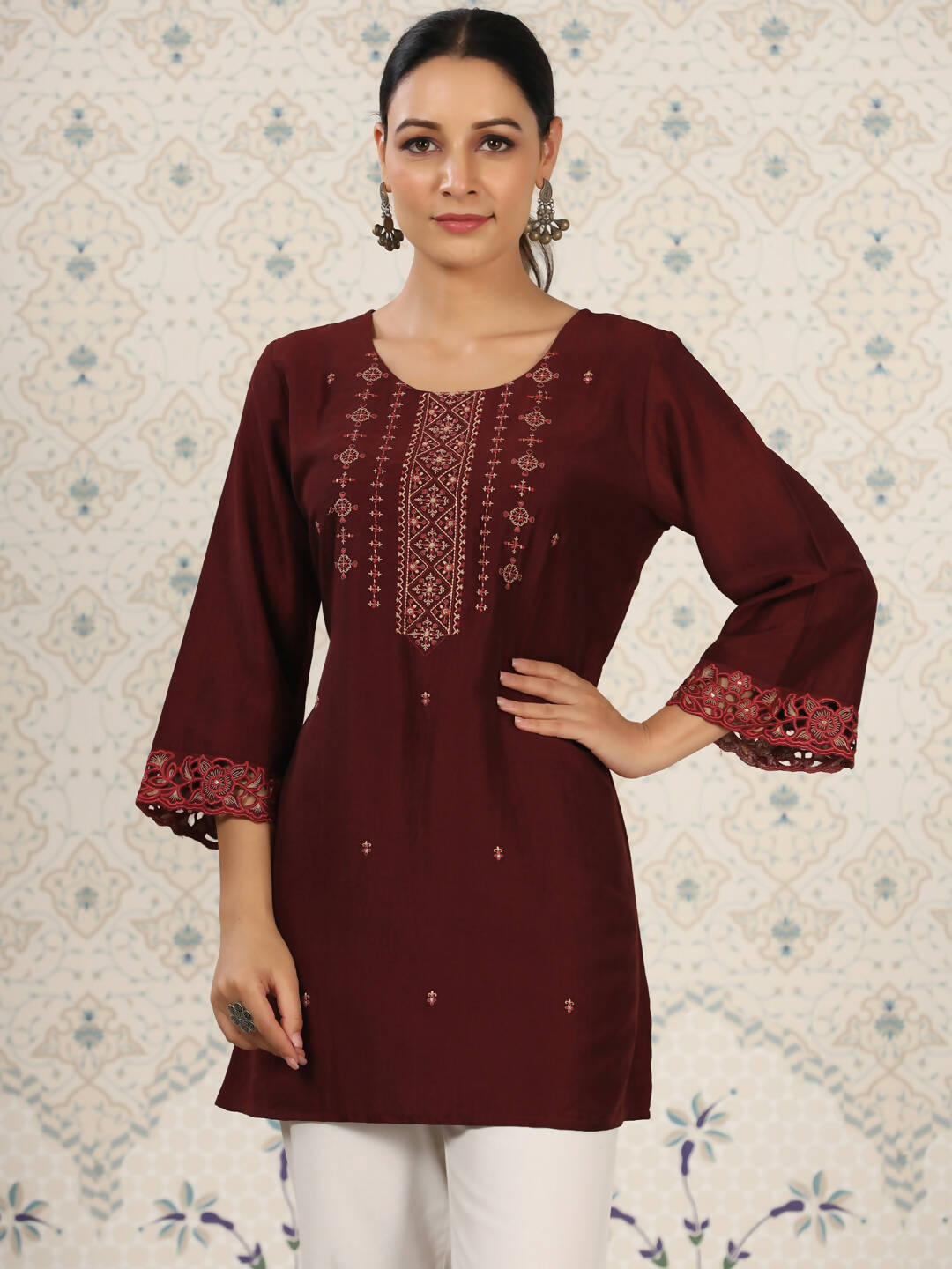 Maroon Chinon Embroidered Straight Top - Zeny - Distacart
