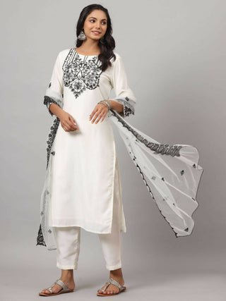 Juniper Women's White Chinnon Solid Embroidered Kurta Set - Distacart