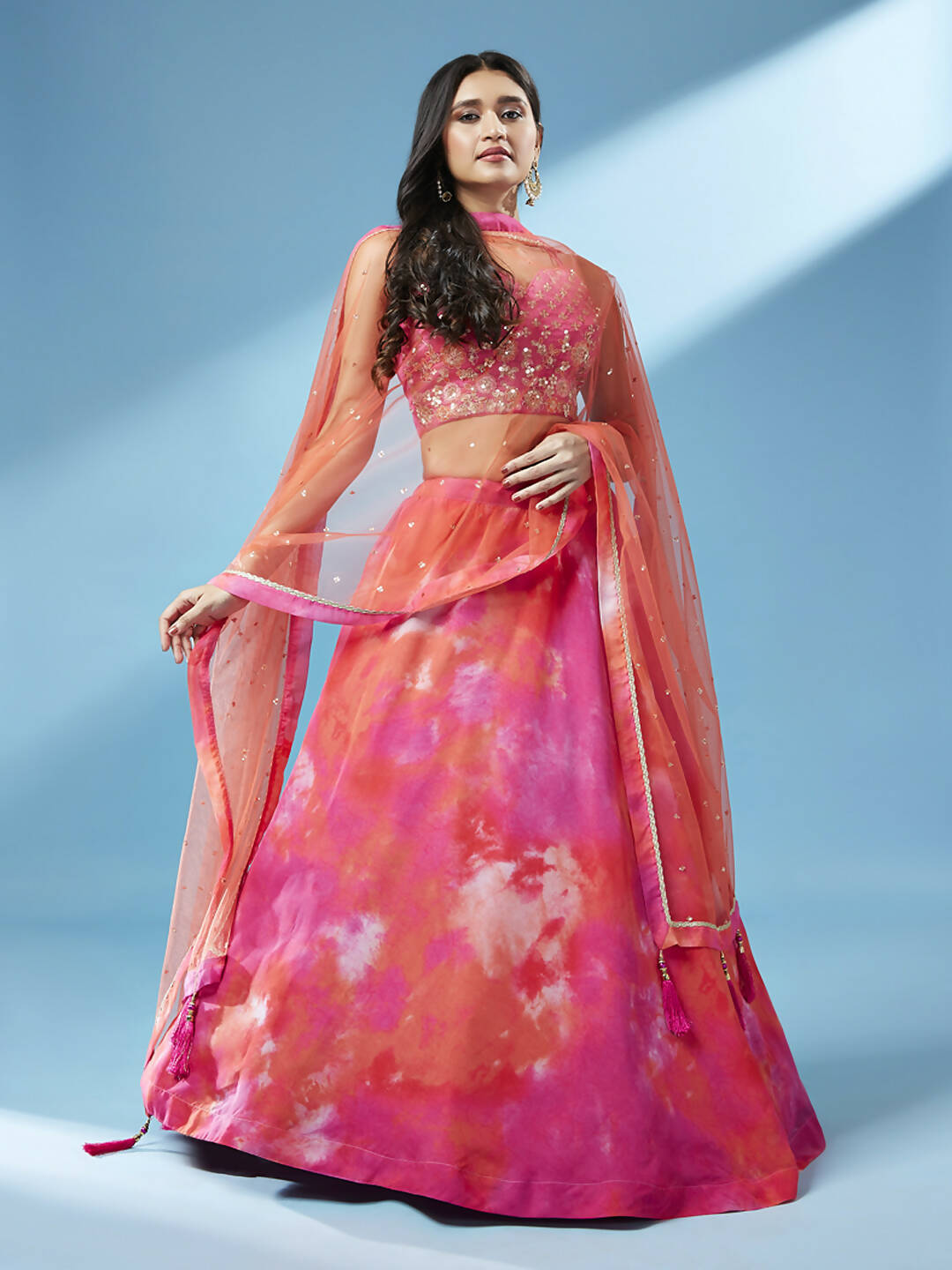 House of Panchhi Orange Organza Shibori Printed Lehenga choli & Dupatta - Distacart