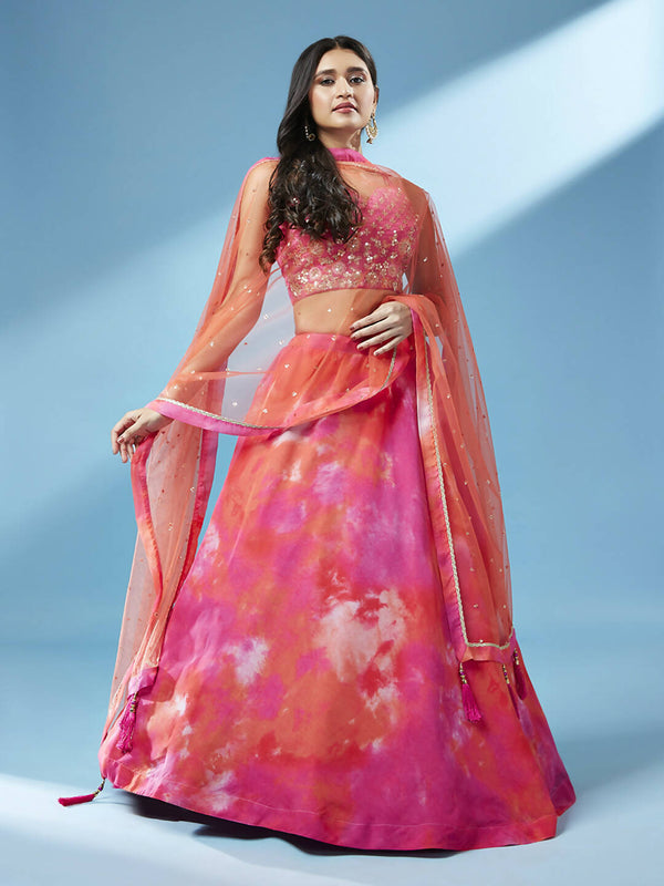 House of Panchhi Orange Organza Shibori Printed Lehenga choli & Dupatta - Distacart