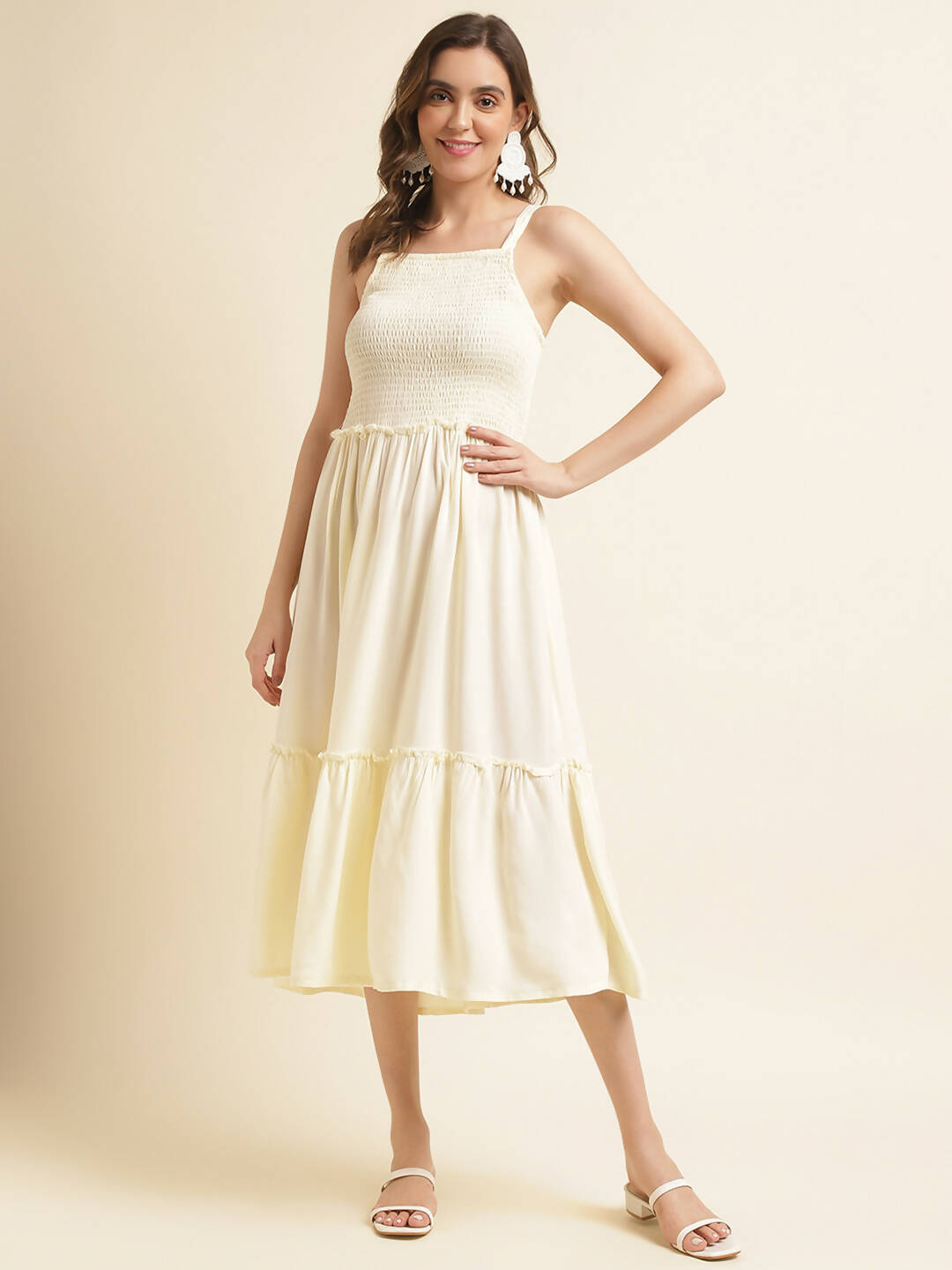 White Cotton Solid Flared Dress with Printed Shrug - Yukti - Distacart