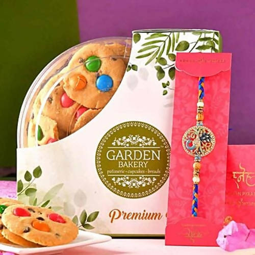 Peacock Rakhi & Chocolate Gems Cookies Combo