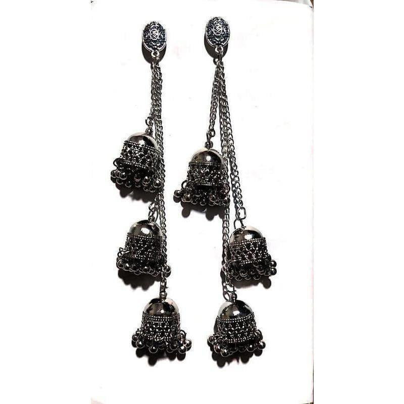 Black Color Long Hangings Chains Jhumkas Pearls Earrings