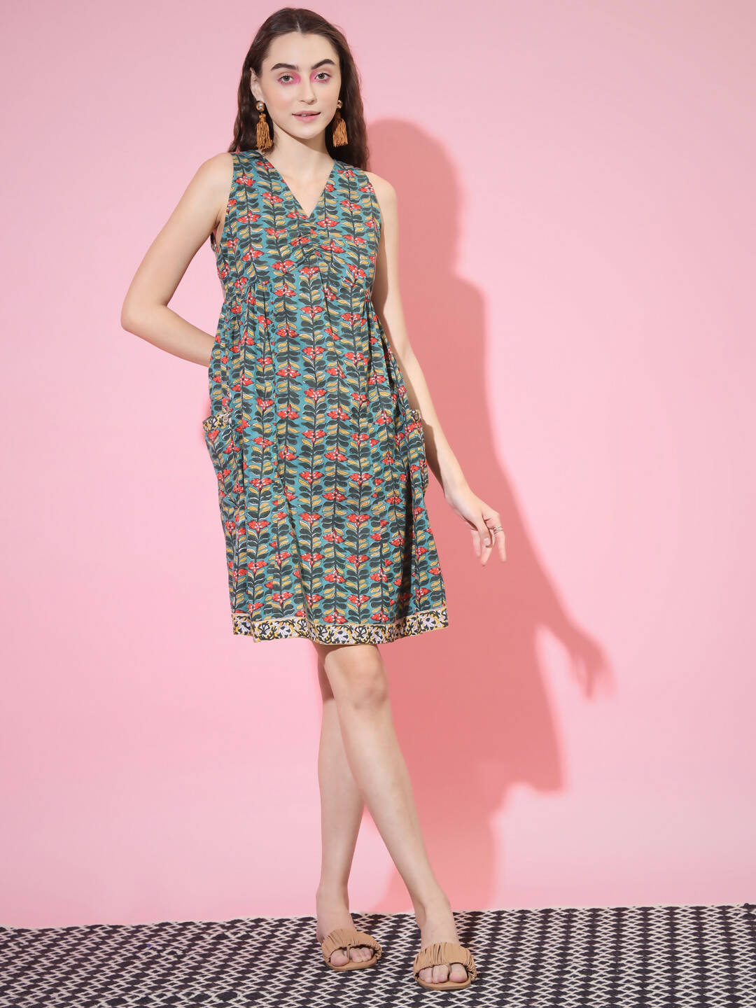 Myshka Women's Green Floral Printed A-Line Dress - Distacart