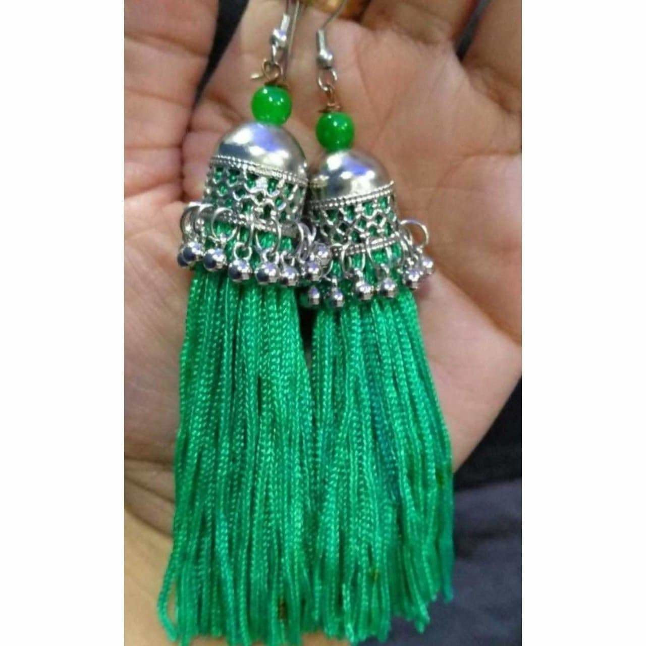 Latest Fashion Green Hanging Threads In Jhumka Earrings