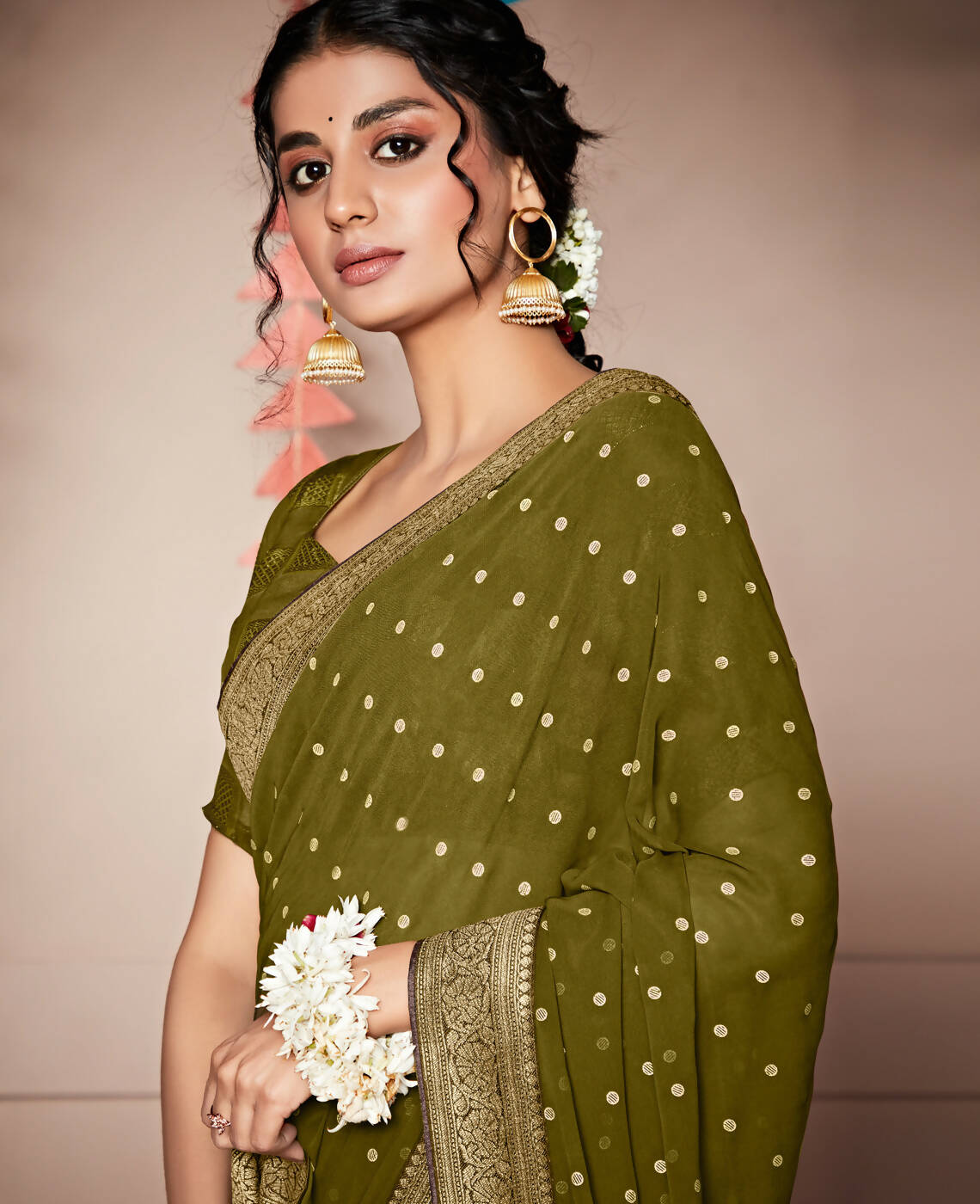 Green Georgette Foil Printed Saree With Unstitched Blouse Piece - Nitya - Distacart