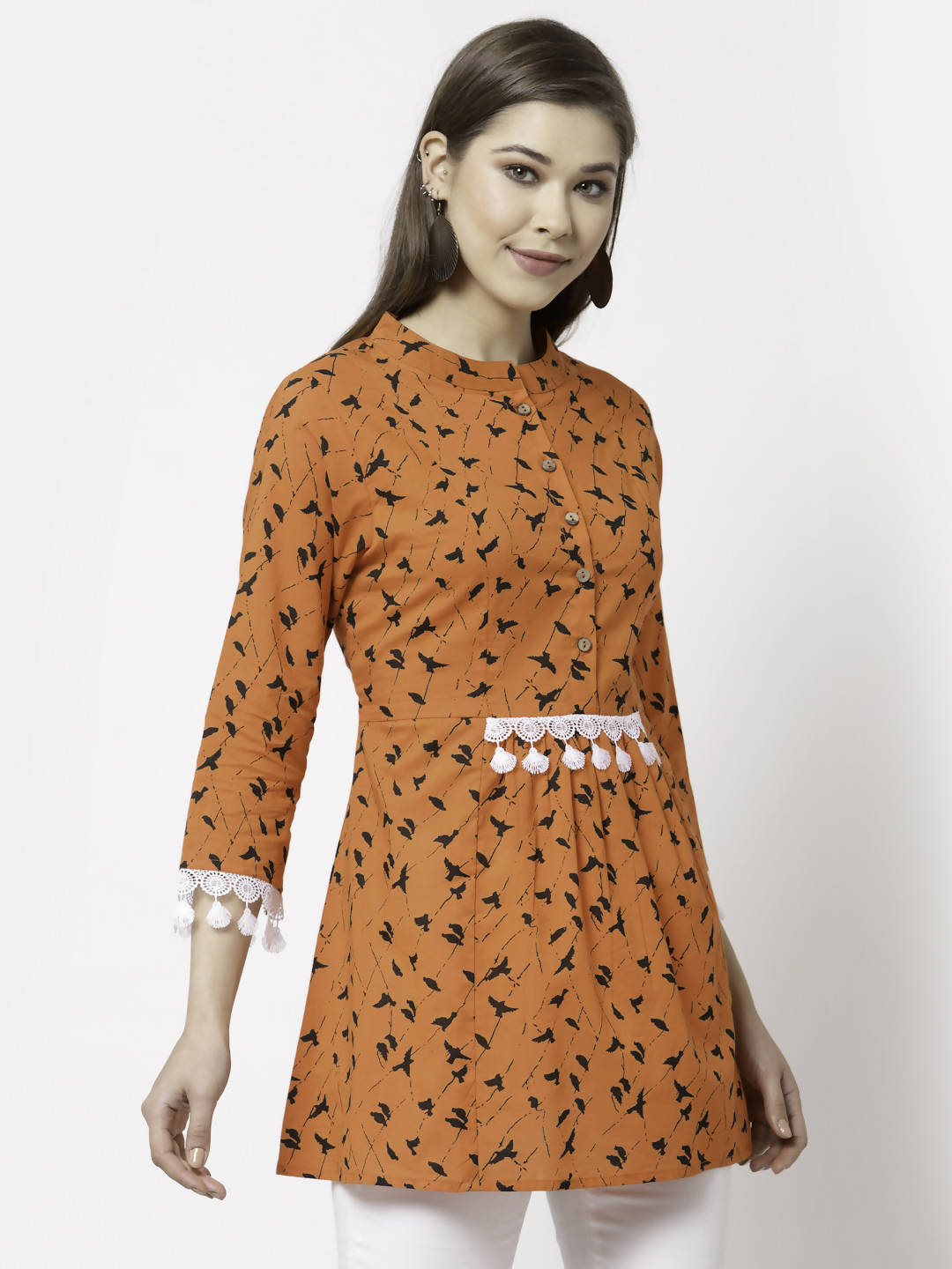 Myshka Women Orange Pure Cotton Printed 3/4 Sleeve Round Casual Tunic
