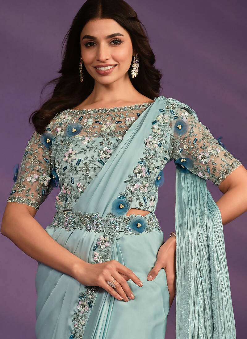 Sea Green Crepe Satin Silk Embroidered Saree With Stitched Blouse - Mohmanthan Exotica - Distacart