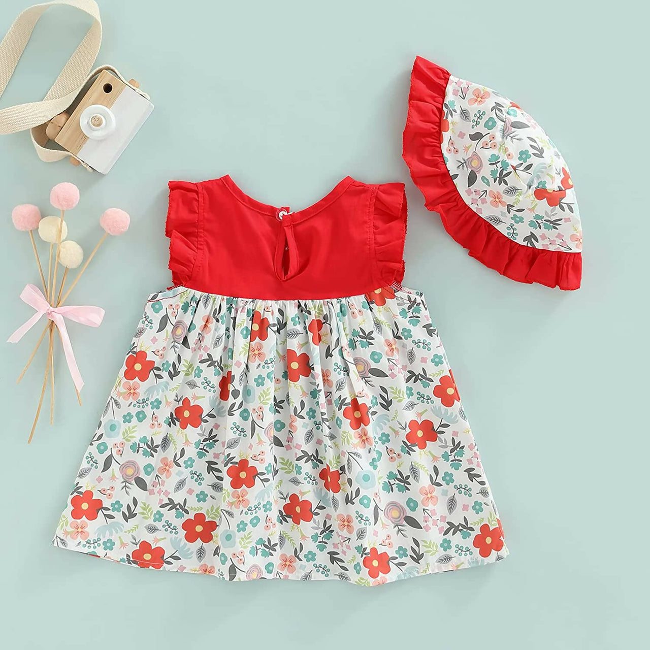 Bold N Elegant Cotton Floral Printed Ruffle Sleeve Princess Dress Frock With Fabric Hat Cap - Red - Distacart