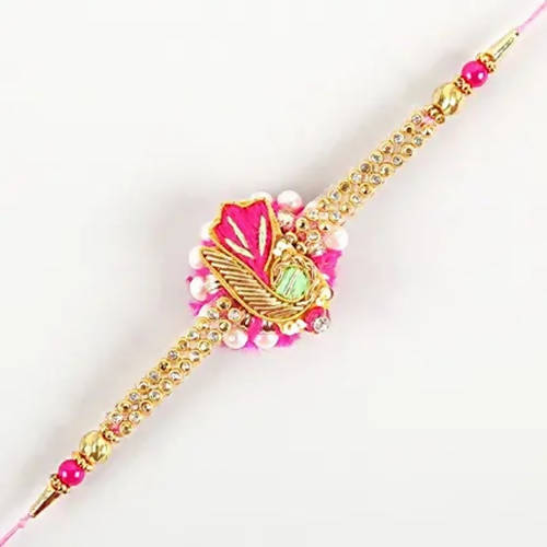 Delightful Pink Zardosi Rakhi & Fruit N Nut Chocolates - Distacart