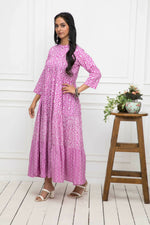 Thumbnail for Myshka Women Pink Floral Cotton A-Line Mandarin Collar Long Dress - Distacart