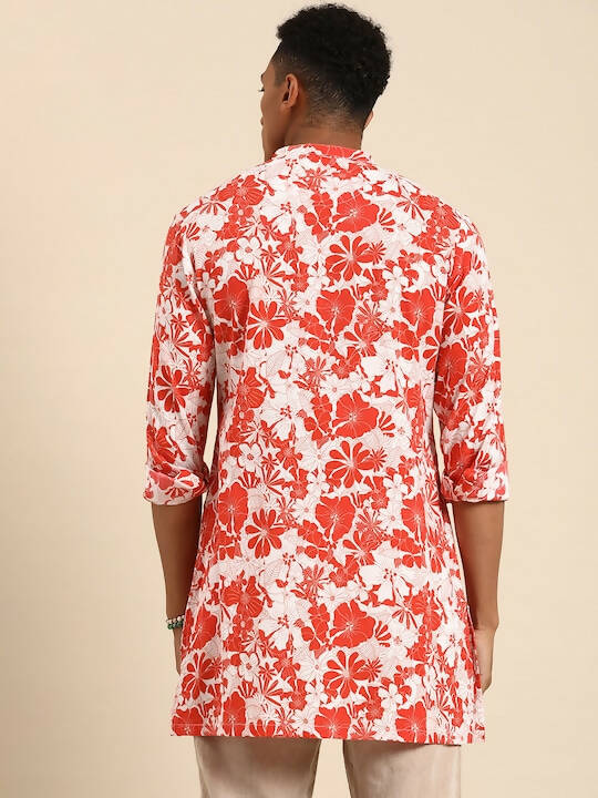 Red & White Men pure Cotton Floral Printed Straight Kurta - Mahotsav - Distacart