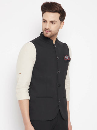 Even Apparels Black Merino Men's Nehru Jacket-Contrast Lining-Inbuilt Pocket Square - Distacart