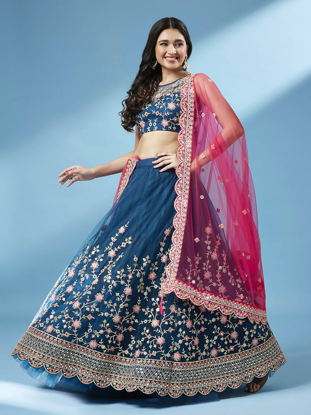 House of Panchhi Teal Net Semi stitched Coding and Mirror Work Lehenga Choli - Distacart