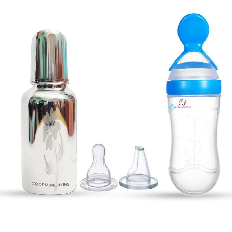 Goodmunchkins Stainless Steel Feeding Bottle &amp; Spoon Food Feeder Anti Colic Silicone Nipple Combo-(Blue, 220ml) - Distacart