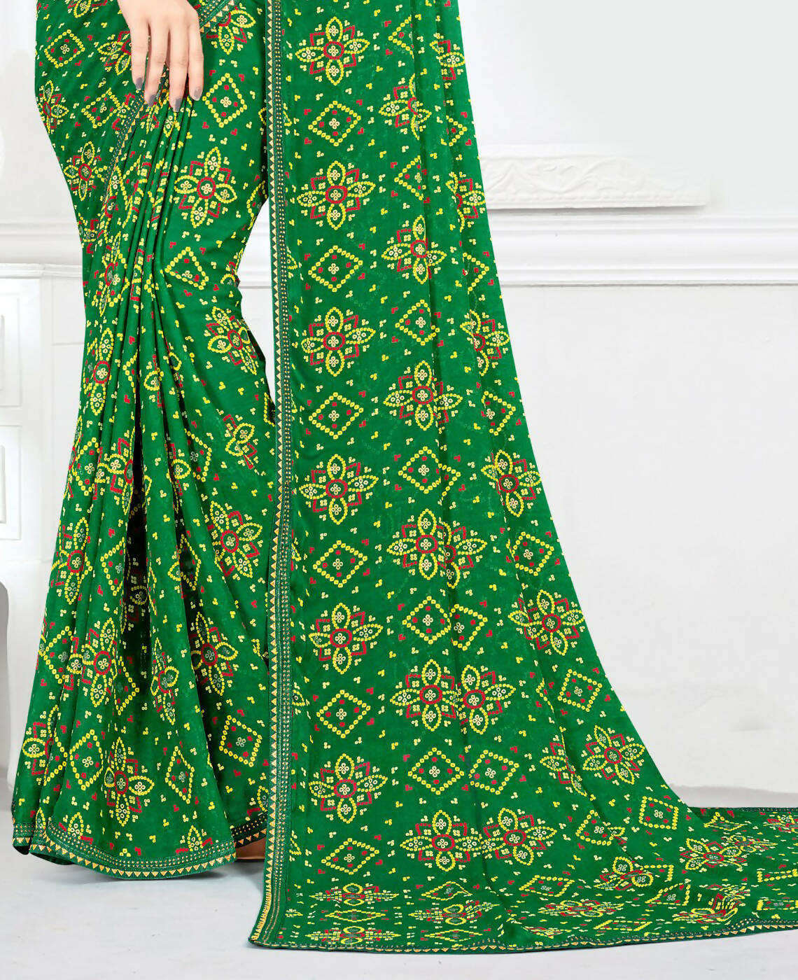 Green Georgette Bandhani Printed Saree With Unstitched Blouse Piece - Jyoti - Distacart